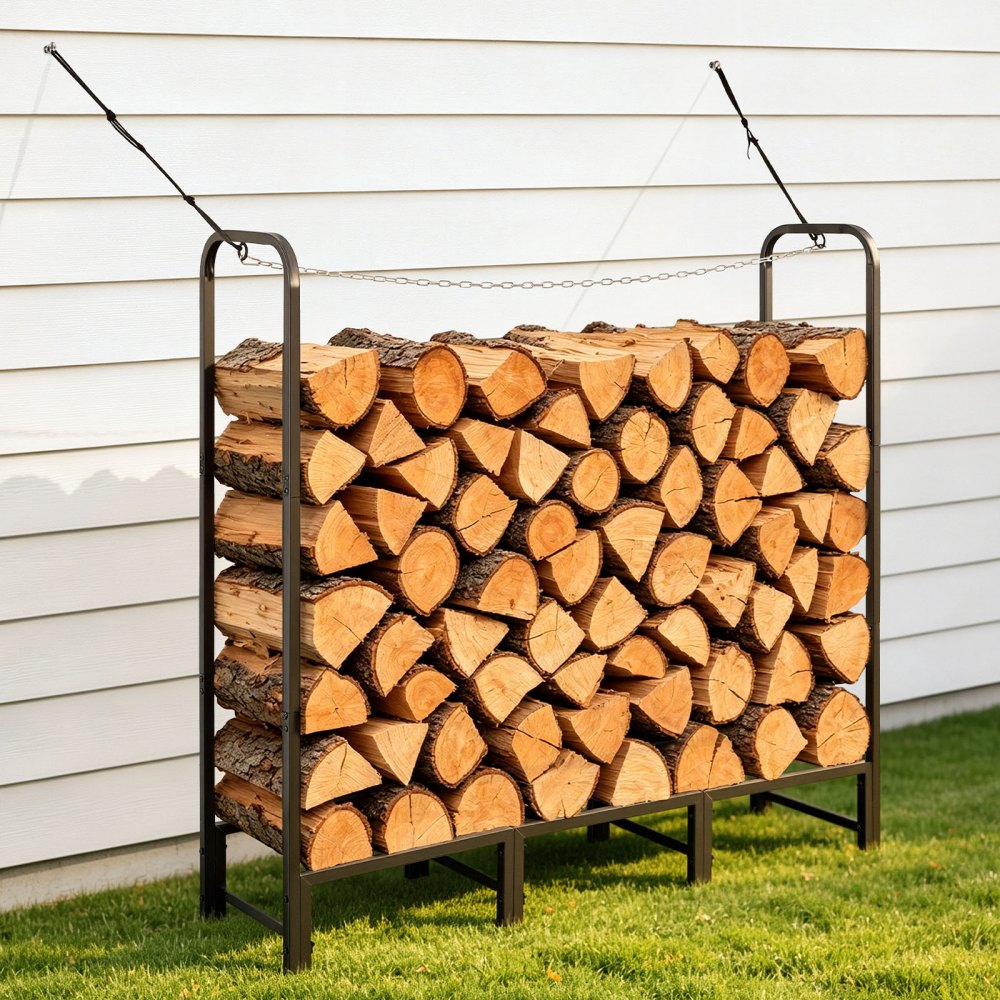 VEVOR Firewood Rack 4ft 1/4 Cord Heavy Duty Outdoor Wood Storage Holder, for Fireplace Patio Deck, 550 lbs Load Capacity, Carbon Steel Frame Fire Log Stacker Stand, Metal Wood Pile Organizer, Black