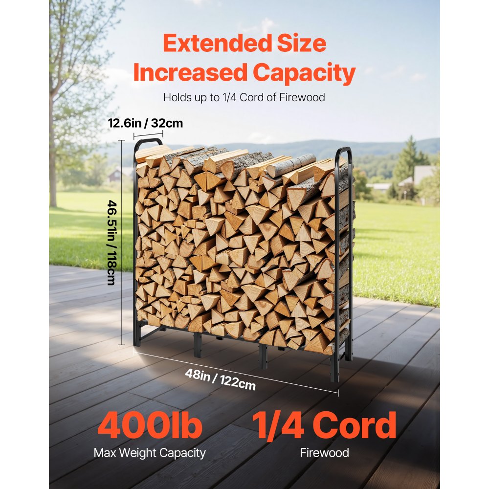 VEVOR Firewood Rack with Waterproof Cover, 4 ft Outdoor Firewood Holder, 1/4 Cord Storage Metal Log Holder, 400lb Max Weight Capacity, Full Covered, Powder-Coated Wood Storage Rack for Fireplace Deck