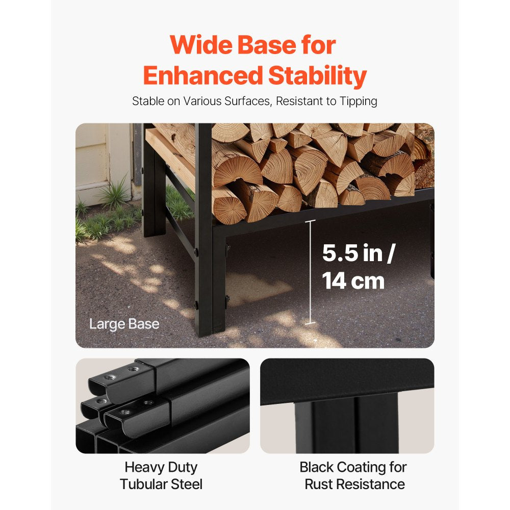 VEVOR Firewood Rack with Waterproof Cover, 4 ft Outdoor Firewood Holder, 1/4 Cord Storage Metal Log Holder, 400lb Max Weight Capacity, Full Covered, Powder-Coated Wood Storage Rack for Fireplace Deck
