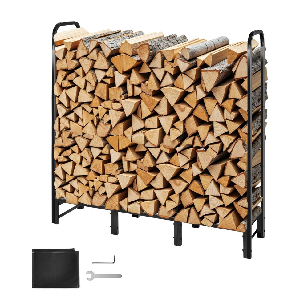 VEVOR Firewood Rack with Waterproof Cover, 4 ft Outdoor Firewood Holder, 1/4 Cord Storage Metal Log Holder, 400lb Max Weight Capacity, Full Covered, Powder-Coated Wood Storage Rack for Fireplace Deck