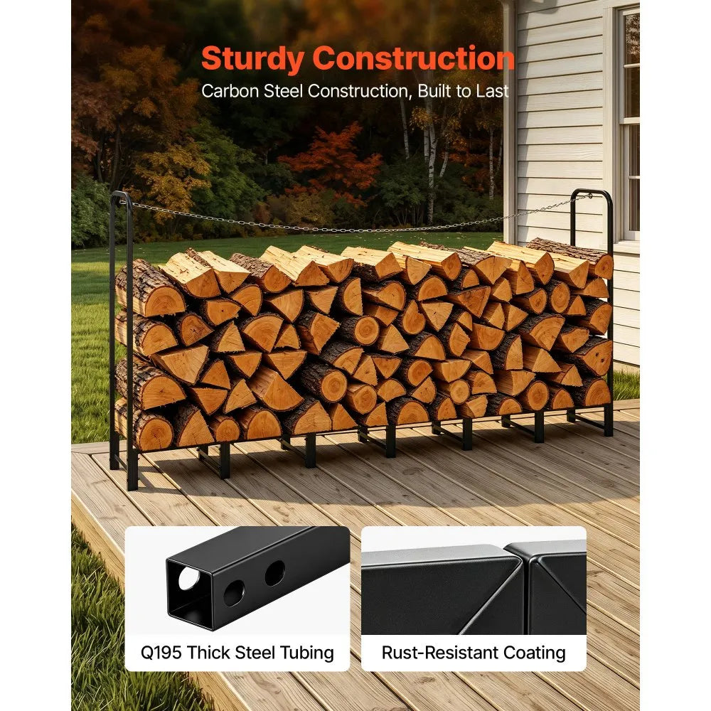 VEVOR Firewood Rack 8ft 1/2 Cord Heavy Duty Outdoor Wood Storage Holder, for Fireplace Patio Deck, 1100 lbs Load Capacity, Carbon Steel Frame Fire Log Stacker Stand, Metal Wood Pile Organizer, Black
