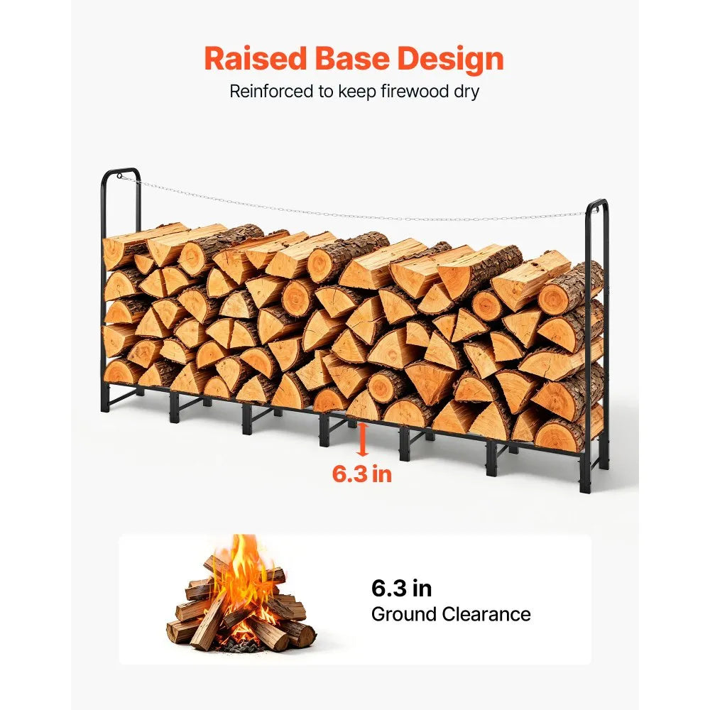 VEVOR Firewood Rack 8ft 1/2 Cord Heavy Duty Outdoor Wood Storage Holder, for Fireplace Patio Deck, 1100 lbs Load Capacity, Carbon Steel Frame Fire Log Stacker Stand, Metal Wood Pile Organizer, Black