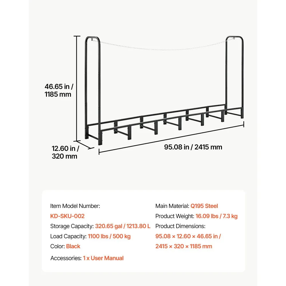 VEVOR Firewood Rack 8ft 1/2 Cord Heavy Duty Outdoor Wood Storage Holder, for Fireplace Patio Deck, 1100 lbs Load Capacity, Carbon Steel Frame Fire Log Stacker Stand, Metal Wood Pile Organizer, Black