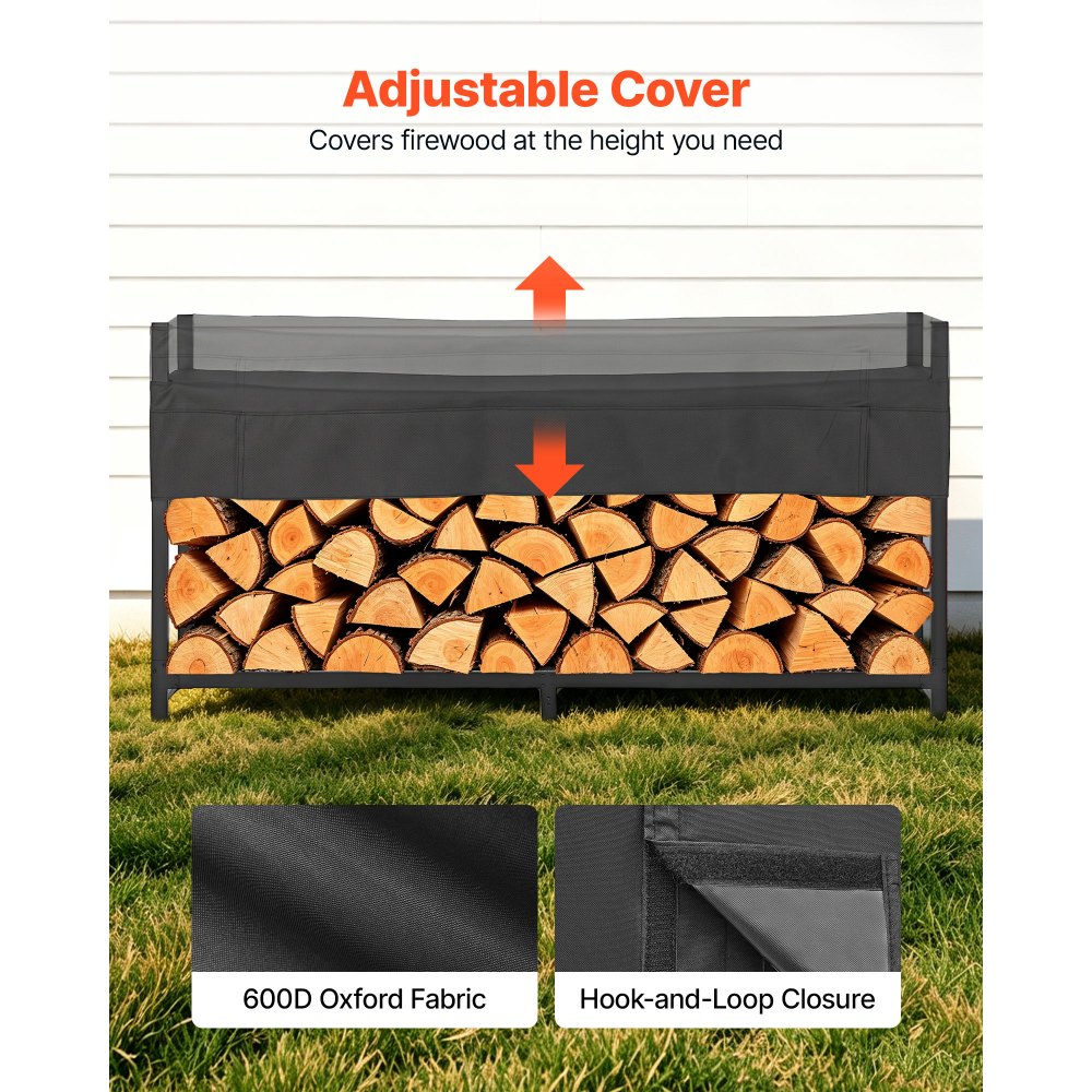 VEVOR Firewood Rack with Waterproof Cover 8ft 1/2 Cord Outdoor Wood Storage, for Fireplace Patio Deck, 2400 lbs Load Capacity Heavy Duty Fire Log Holder Stacker Stand, Metal Wood Pile Organizer, Black