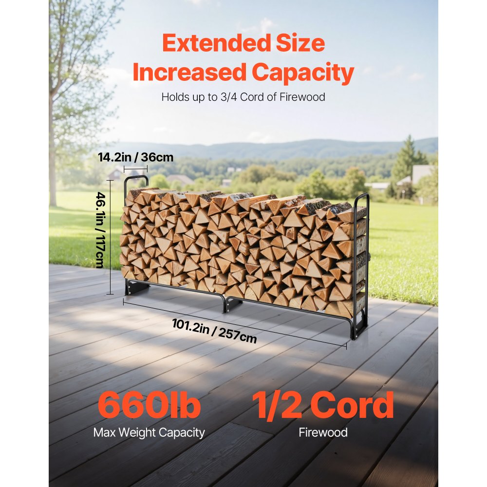 VEVOR Firewood Rack with Waterproof Cover, 8 ft Outdoor Firewood Holder, 1/2 Cord Storage Metal Log Holder, 660lb Max Weight Capacity, Top Covered, Powder-Coated Wood Storage Rack for Fireplace Deck