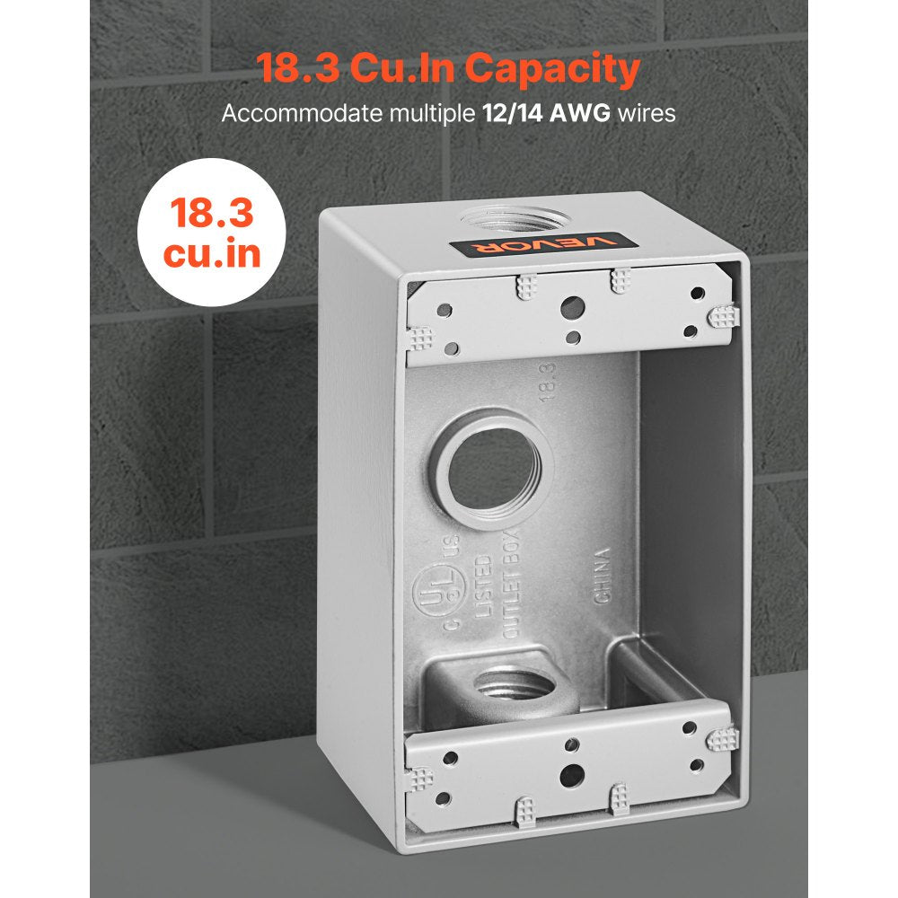 VEVOR Outdoor Electrical Box, 4.5 x 2.8 x 2 in, Weatherproof Outlet Junction Box, Suitable 1/2-Inch or 3/4-Inch Electrical Conduit, 18.3 Cu.In Large Capacity Plug Receptacle Protector, 4PCS, Gray