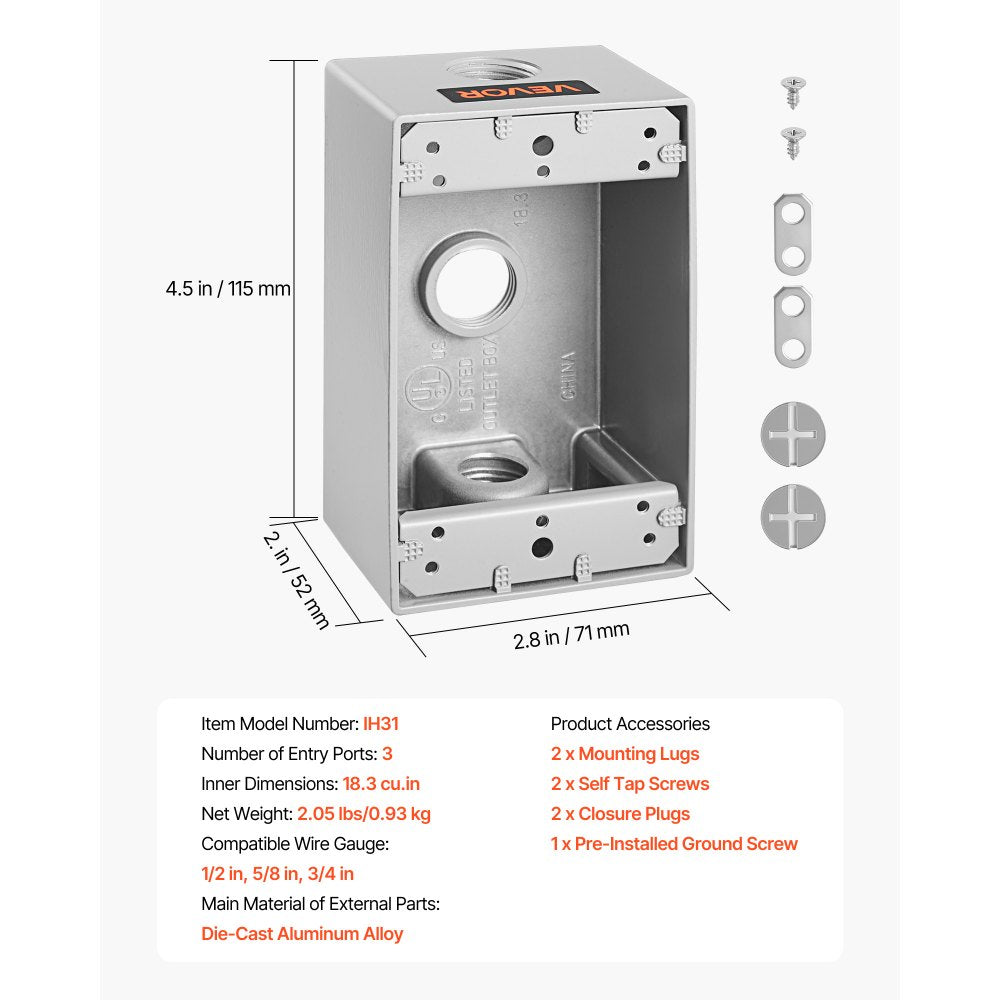 VEVOR Outdoor Electrical Box, 4.5 x 2.8 x 2 in, Weatherproof Outlet Junction Box, Suitable 1/2-Inch or 3/4-Inch Electrical Conduit, 18.3 Cu.In Large Capacity Plug Receptacle Protector, 4PCS, Gray