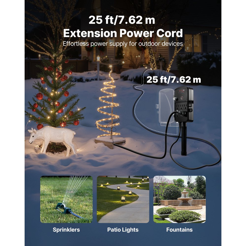 VEVOR Outdoor Power Stake, 25FT Extension Cord, Outdoor Power Strip Weatherproof with Cover, Remote Control Dusk to Dawn Light Timer Waterproof, 6 Outlets, 1875W/15A, for Christmas Lights, Garden