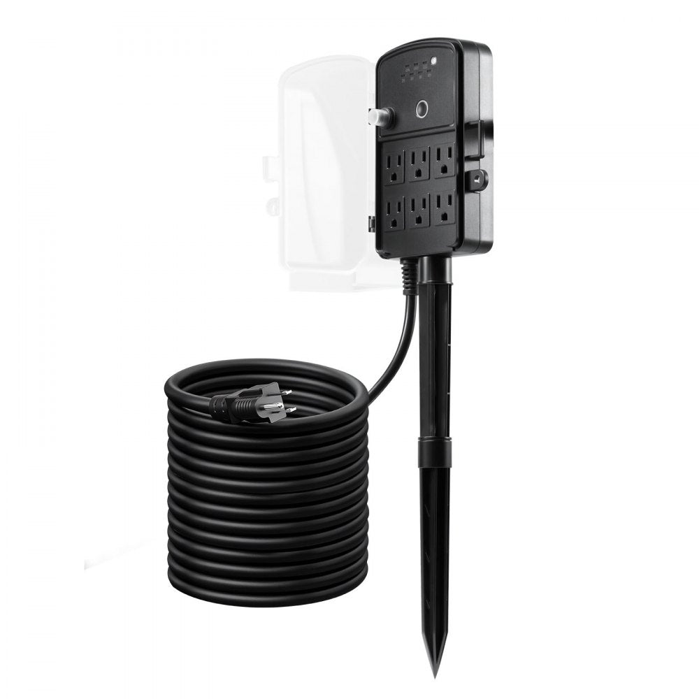VEVOR Outdoor Power Stake, 25FT Extension Cord, Outdoor Power Strip Weatherproof with Cover, Remote Control Dusk to Dawn Light Timer Waterproof, 6 Outlets, 1875W/15A, for Christmas Lights, Garden