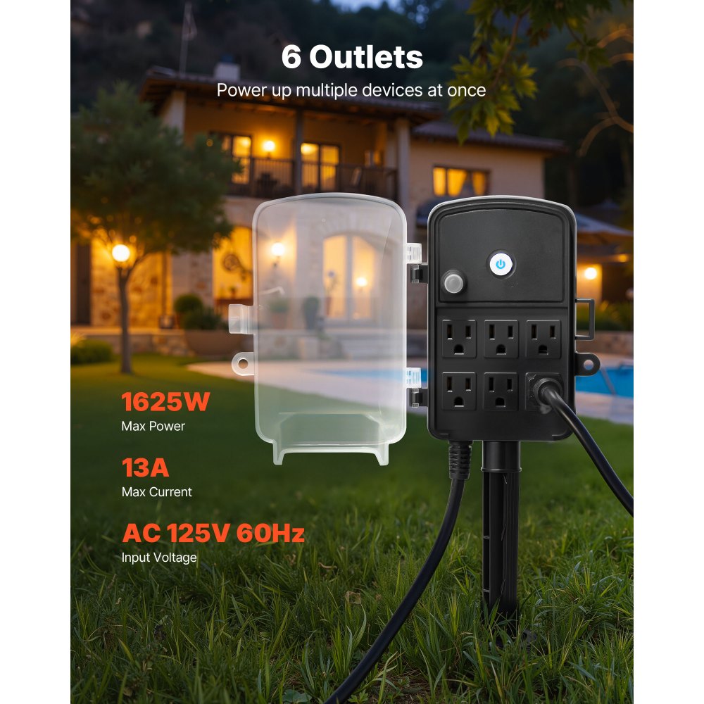 VEVOR Outdoor Power Stake, 100 FT Extension Cord, Outdoor Power Strip Weatherproof with Cover and Overload Protection, 6 Outlets, 13A/1625W, Waterproof Multi-Outlet Yard Stake for Christmas Lights