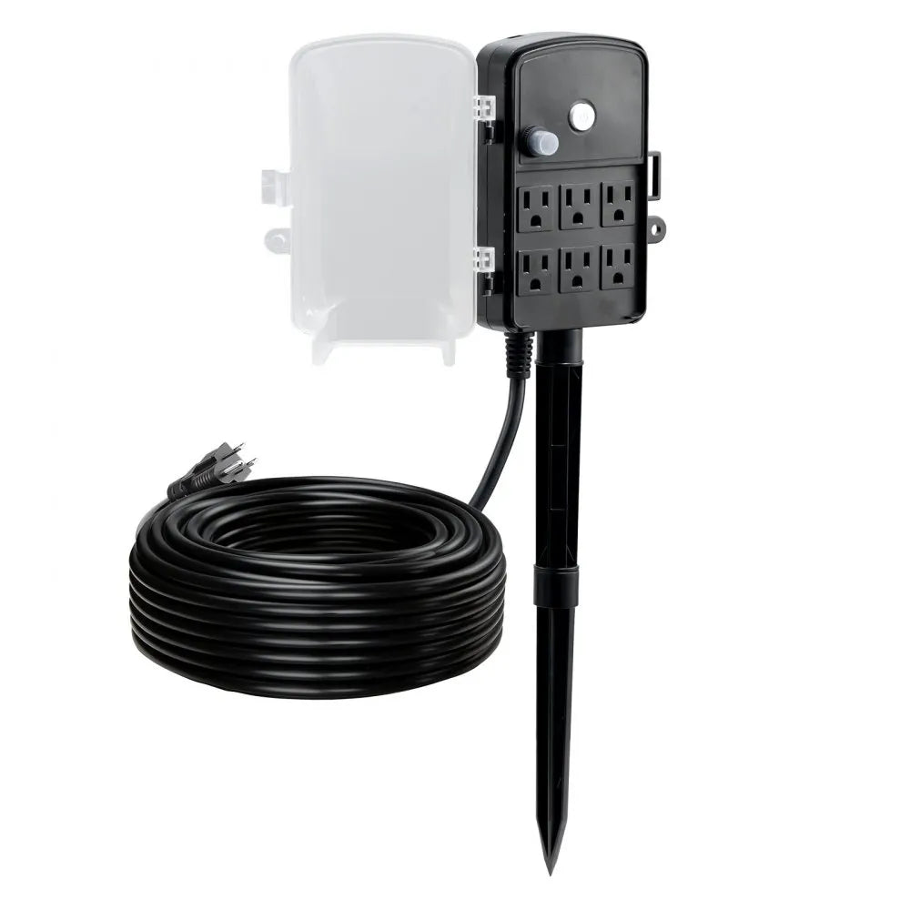 VEVOR Outdoor Power Stake, 100 FT Extension Cord, Outdoor Power Strip Weatherproof with Cover and Overload Protection, 6 Outlets, 13A/1625W, Waterproof Multi-Outlet Yard Stake for Christmas Lights