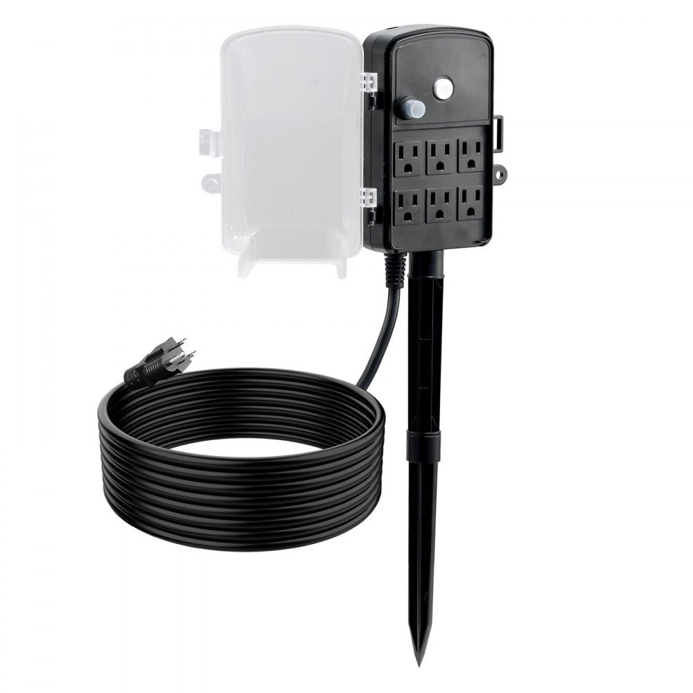 VEVOR Outdoor Power Stake, 15 FT Extension Cord, Outdoor Power Strip Weatherproof with Cover and Overload Protection, 6 Outlets, 15A/1875W, Waterproof Multi-Outlet Yard Stake for Christmas Lights
