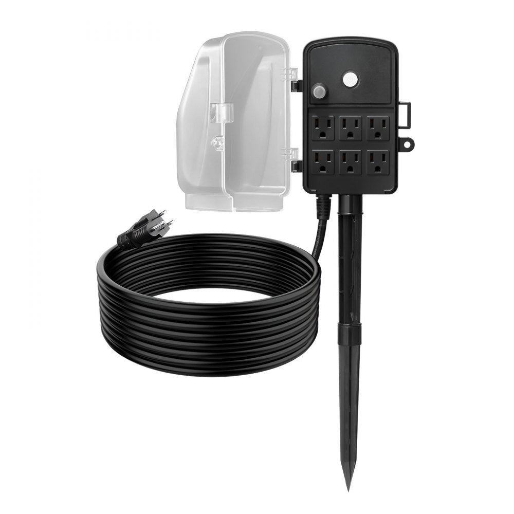 VEVOR Outdoor Power Stake, 15 FT Extension Cord, Outdoor Power Strip Weatherproof with Cover and Overload Protection, 6 Outlets, 15A/1875W, Waterproof Multi-Outlet Yard Stake for Christmas Lights