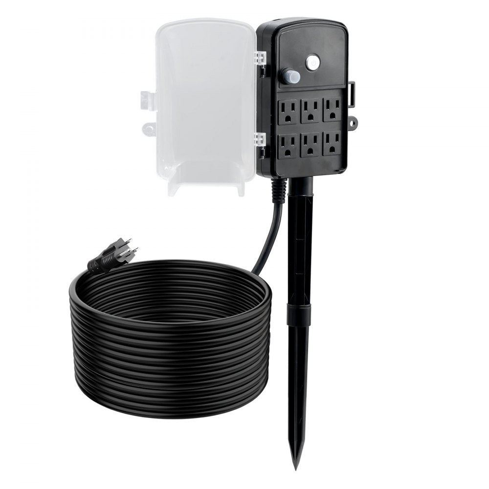 VEVOR Outdoor Power Stake, 25 FT Extension Cord, Outdoor Power Strip Weatherproof with Cover and Overload Protection, 6 Outlets, 15A/1875W, Waterproof Multi-Outlet Yard Stake for Christmas Lights