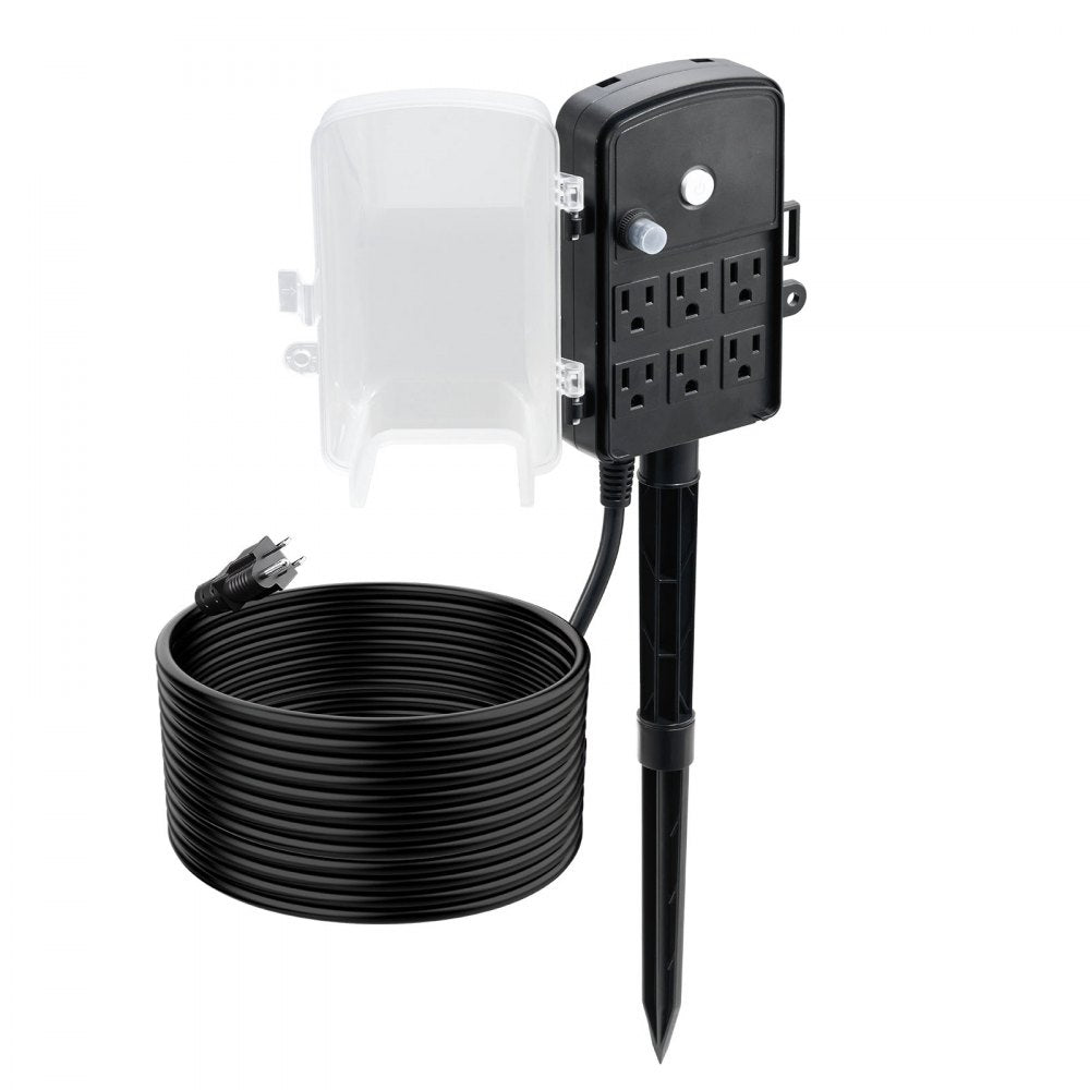 VEVOR Outdoor Power Stake, 25 FT Extension Cord, Outdoor Power Strip Weatherproof with Cover and Overload Protection, 6 Outlets, 15A/1875W, Waterproof Multi-Outlet Yard Stake for Christmas Lights