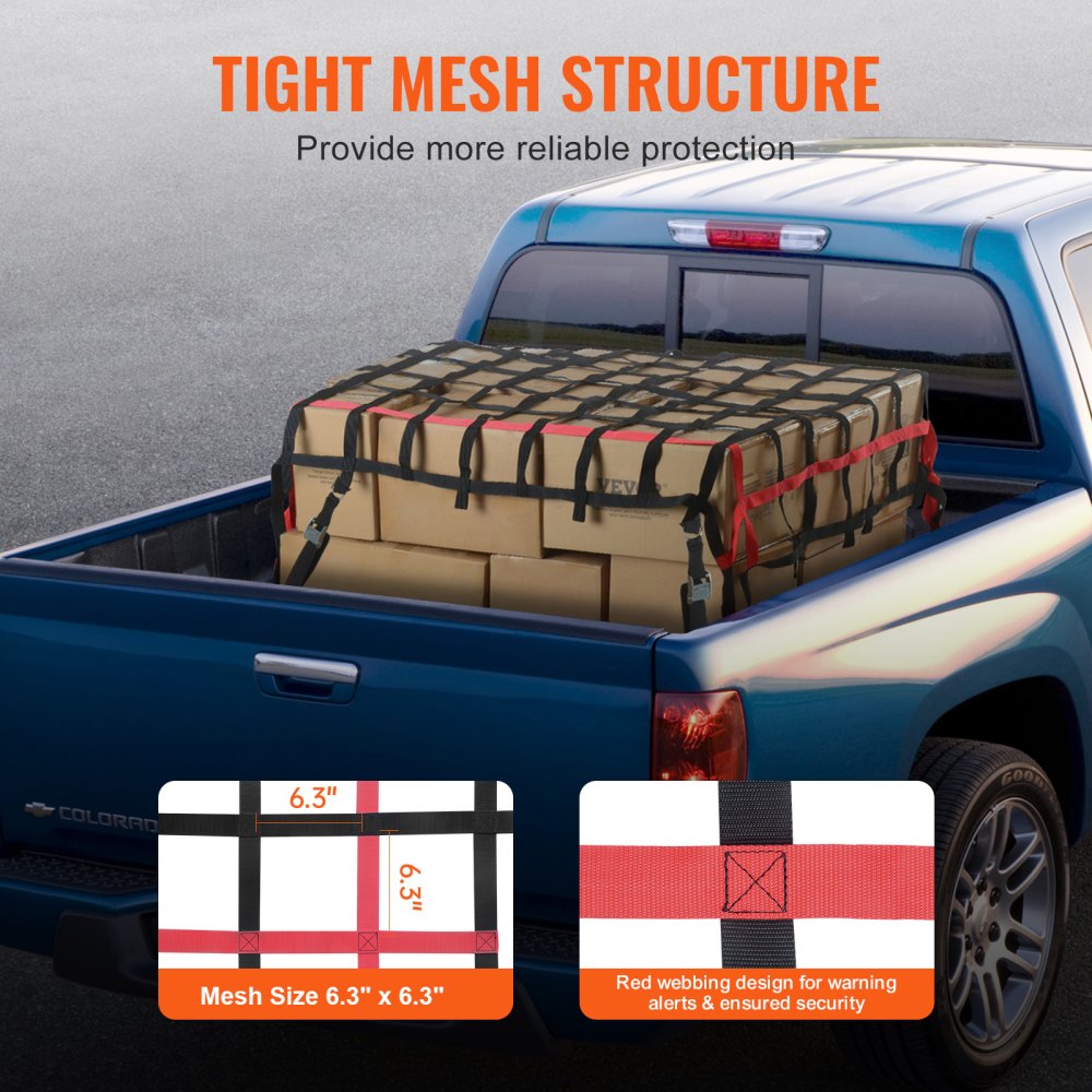 VEVOR Cargo Net, 96 in x 72 in, Heavy Duty Truck Cargo Net for Truck Bed, 4 Adjustable Straps with Buckles and S-Hooks, Wear-resistant & Weather-proof, Suitable for Pickup, Truck, Jeep, SUV, Boat