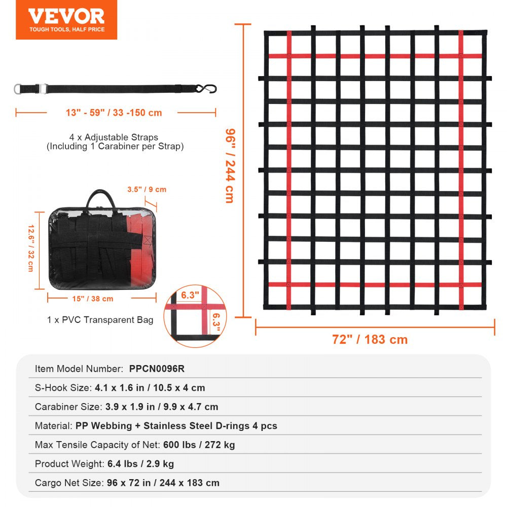VEVOR Cargo Net, 96 in x 72 in, Heavy Duty Truck Cargo Net for Truck Bed, 4 Adjustable Straps with Buckles and S-Hooks, Wear-resistant & Weather-proof, Suitable for Pickup, Truck, Jeep, SUV, Boat