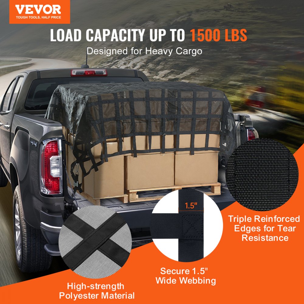 VEVOR Cargo Net, 120 in x 105 in, Heavy Duty Truck Cargo Net for Truck Bed, 4 Adjustable Straps with Carabiners & S-Hooks, Wear-resistant & Weather-proof, Suitable for Pickup, Truck, Jeep, SUV, Boat