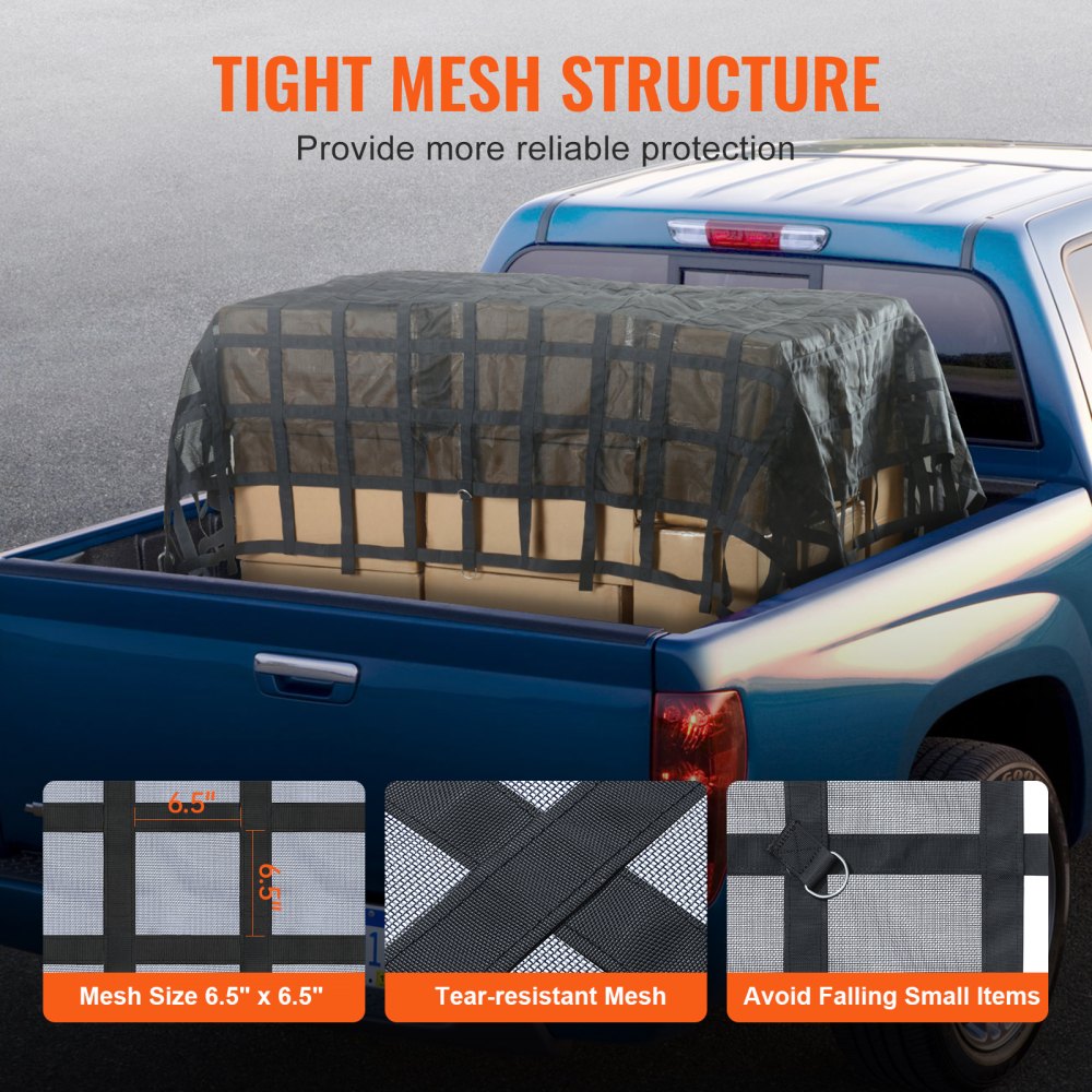 VEVOR Cargo Net, 120 in x 105 in, Heavy Duty Truck Cargo Net for Truck Bed, 4 Adjustable Straps with Carabiners & S-Hooks, Wear-resistant & Weather-proof, Suitable for Pickup, Truck, Jeep, SUV, Boat