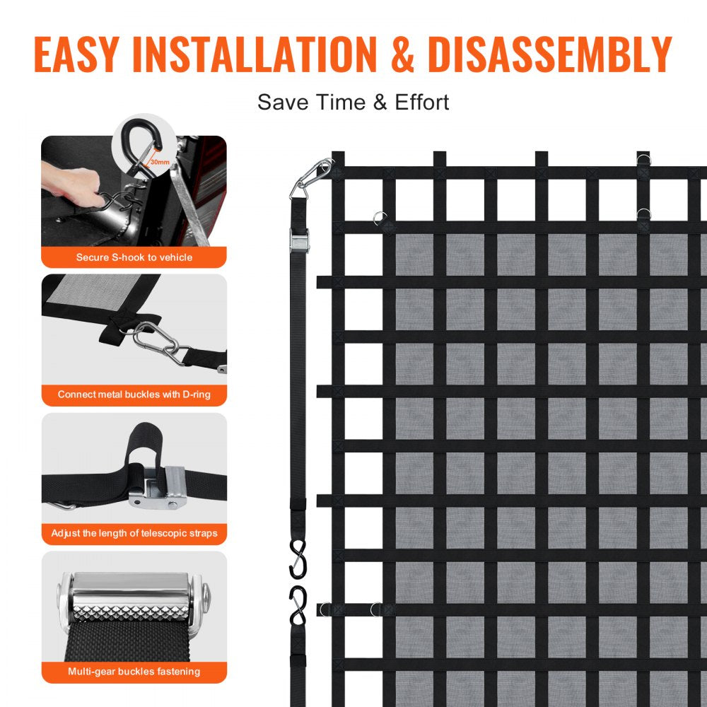 VEVOR Cargo Net, 120 in x 105 in, Heavy Duty Truck Cargo Net for Truck Bed, 4 Adjustable Straps with Carabiners & S-Hooks, Wear-resistant & Weather-proof, Suitable for Pickup, Truck, Jeep, SUV, Boat