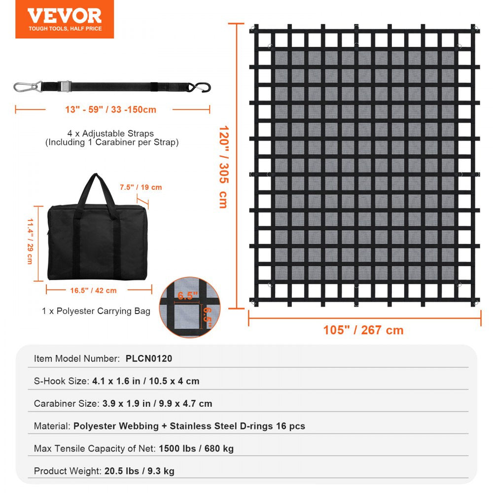 VEVOR Cargo Net, 120 in x 105 in, Heavy Duty Truck Cargo Net for Truck Bed, 4 Adjustable Straps with Carabiners & S-Hooks, Wear-resistant & Weather-proof, Suitable for Pickup, Truck, Jeep, SUV, Boat