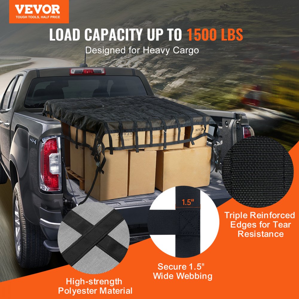VEVOR Cargo Net, 96 in x 81 in, Heavy Duty Truck Cargo Net for Truck Bed, 4 Adjustable Straps with Carabiners & S-Hooks, Wear-resistant & Weather-proof, Suitable for Pickup, Truck, Jeep, SUV, Boat