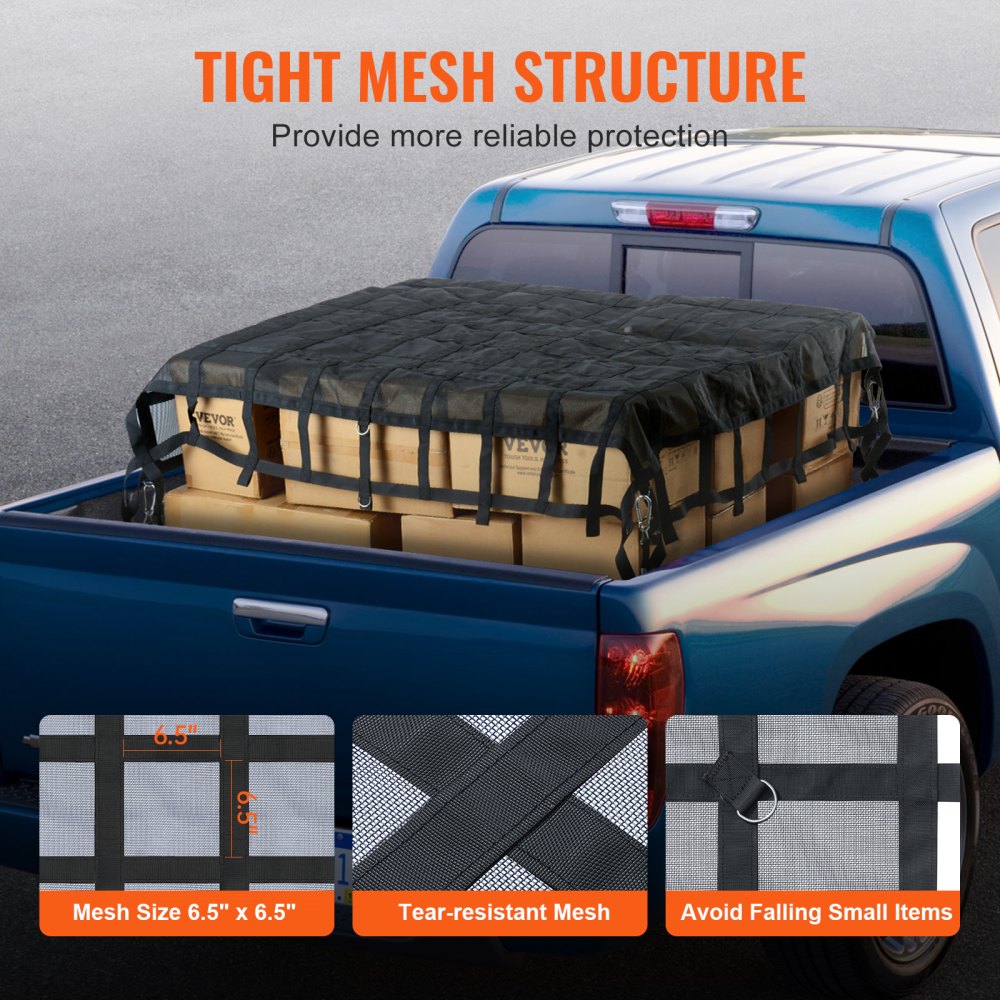 VEVOR Cargo Net, 96 in x 81 in, Heavy Duty Truck Cargo Net for Truck Bed, 4 Adjustable Straps with Carabiners & S-Hooks, Wear-resistant & Weather-proof, Suitable for Pickup, Truck, Jeep, SUV, Boat