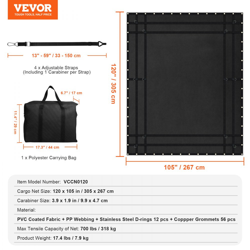 VEVOR Cargo Net, 120 in x 105 in, Heavy Duty Truck Cargo Net for Truck Bed, 4 Adjustable Straps with Carabiners and Rubber Coated Hooks, Durable, Suitable for Pickup, Jeep, Truck, SUV, Boat (Black)