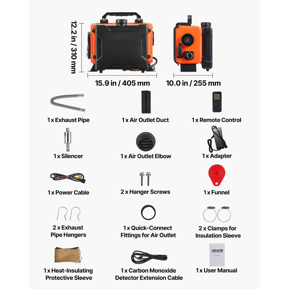 VEVOR Diesel Heater, 8KW, DC 12V/24V, All in One Portable Diesel Air Heater with Remote Control and LCD Screen, Fast Heating Low Noise, 1.2 Gal Fuel Tank for Trucks, Vans, RVs, Campers, and Garages