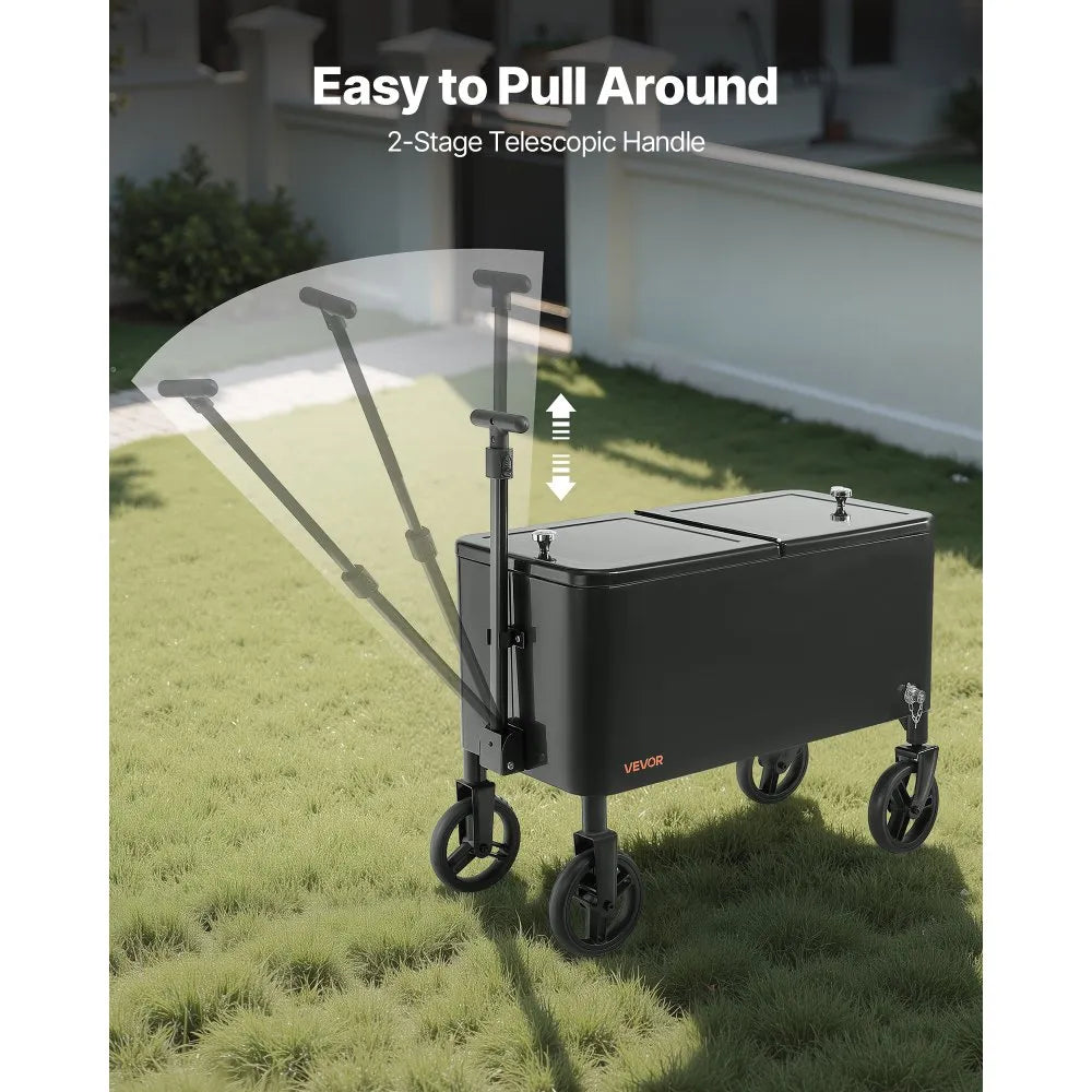 VEVOR 80 Quart Rolling Ice Chest Cart, with 2-Stage Telescopic Pull Handle and 2 Swivel Casters, Portable Table Beach Patio Party Bar Cold Drink Beverage, Outdoor Park Cart on Wheels, Black
