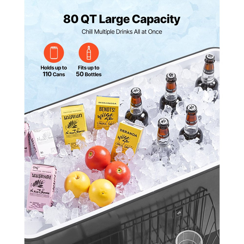 VEVOR 80 Quart Rolling Ice Chest, Holds up to 50 Bottles / 110 Cans, Portable Patio Party Bar Drink Cooler Cart with Bottom Shelf, Beverage Pool with Side Basket and Bottle Opener, Black
