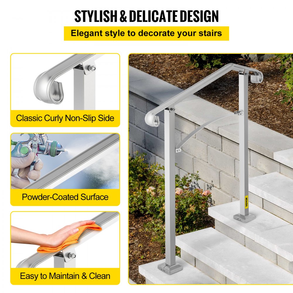 VEVOR Outdoor Stair Railing, Fit 2 or 3 Steps Alloy Metal Handrailing, Front Porch Flexible Transitional Handrail, Arch Step Rail with Installation Kit, for Concrete or Wooden Stairs, Silver