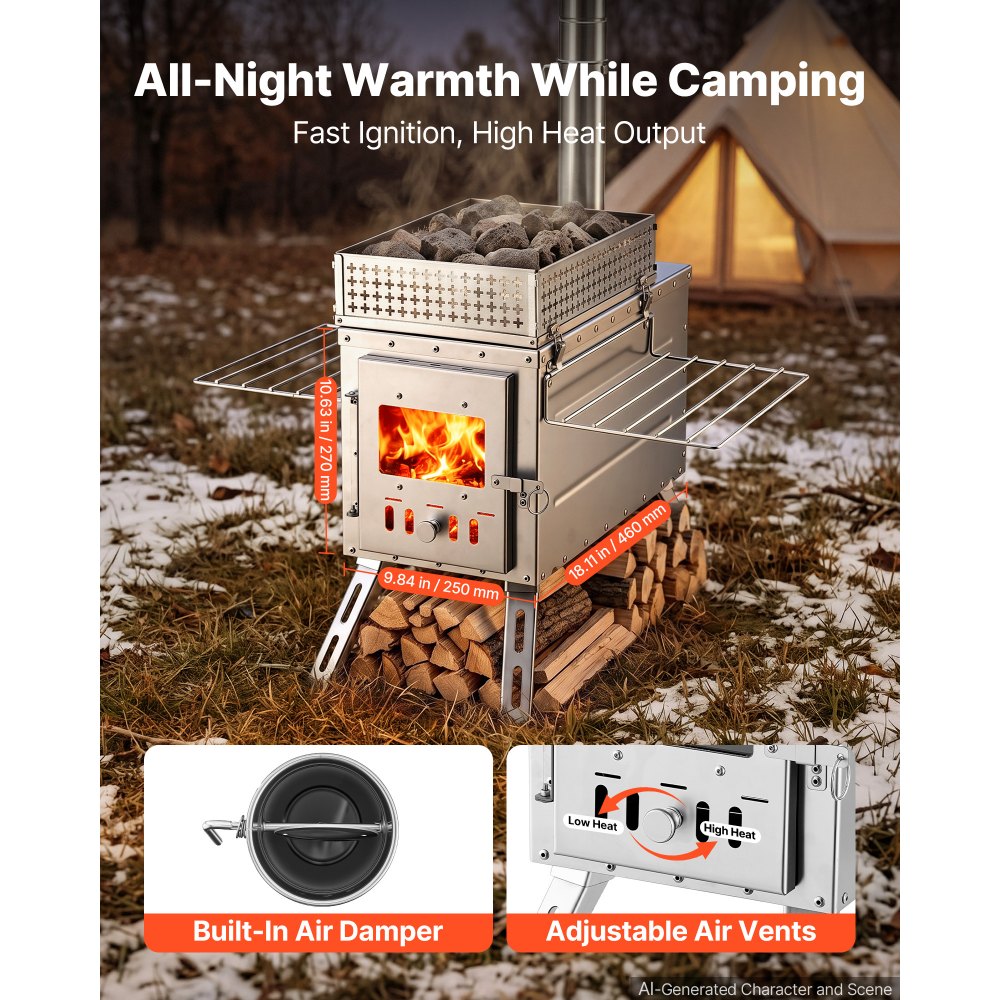VEVOR Wood Stove Portable Sauna Hot Tent Rocket Stove Stainless Steel, for Dry Sauna Heating Outdoor Camping, with Detachable Stone Box, Extended Chimney Pipes, and Heat-Resistant Glass Window