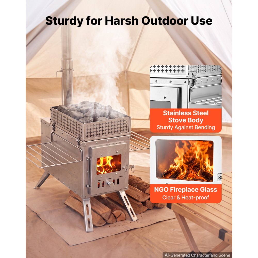 VEVOR Wood Stove Portable Sauna Hot Tent Rocket Stove Stainless Steel, for Dry Sauna Heating Outdoor Camping, with Detachable Stone Box, Extended Chimney Pipes, and Heat-Resistant Glass Window