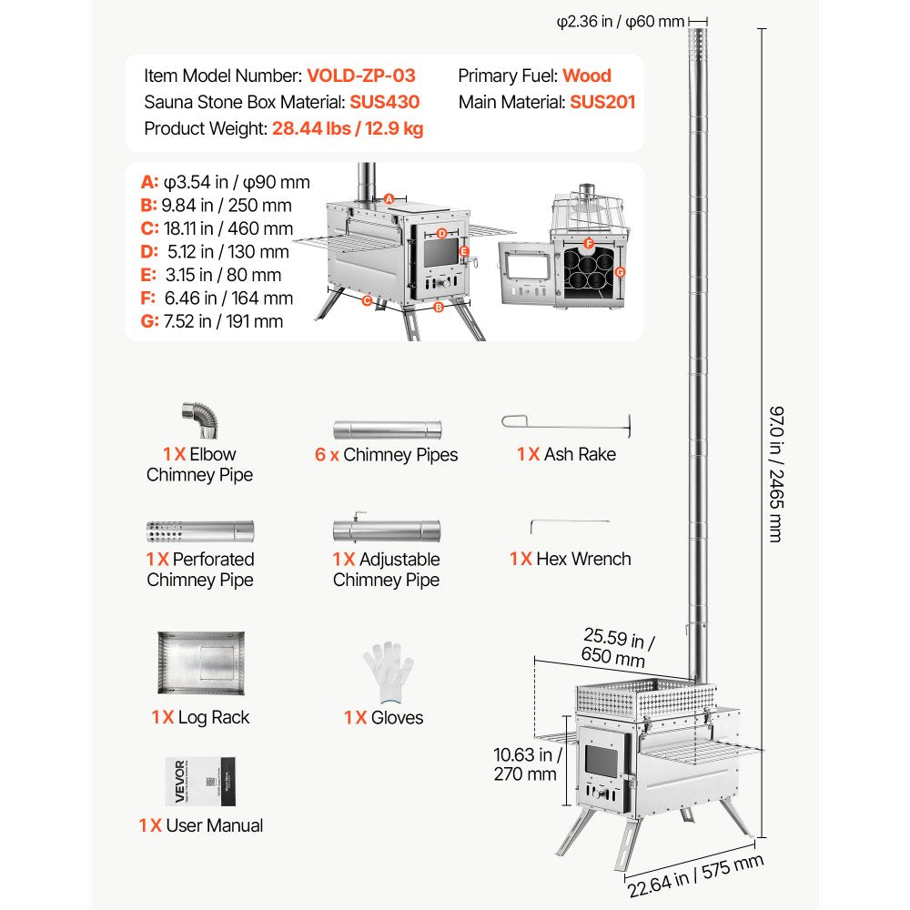 VEVOR Wood Stove Portable Sauna Hot Tent Rocket Stove Stainless Steel, for Dry Sauna Heating Outdoor Camping, with Detachable Stone Box, Extended Chimney Pipes, and Heat-Resistant Glass Window
