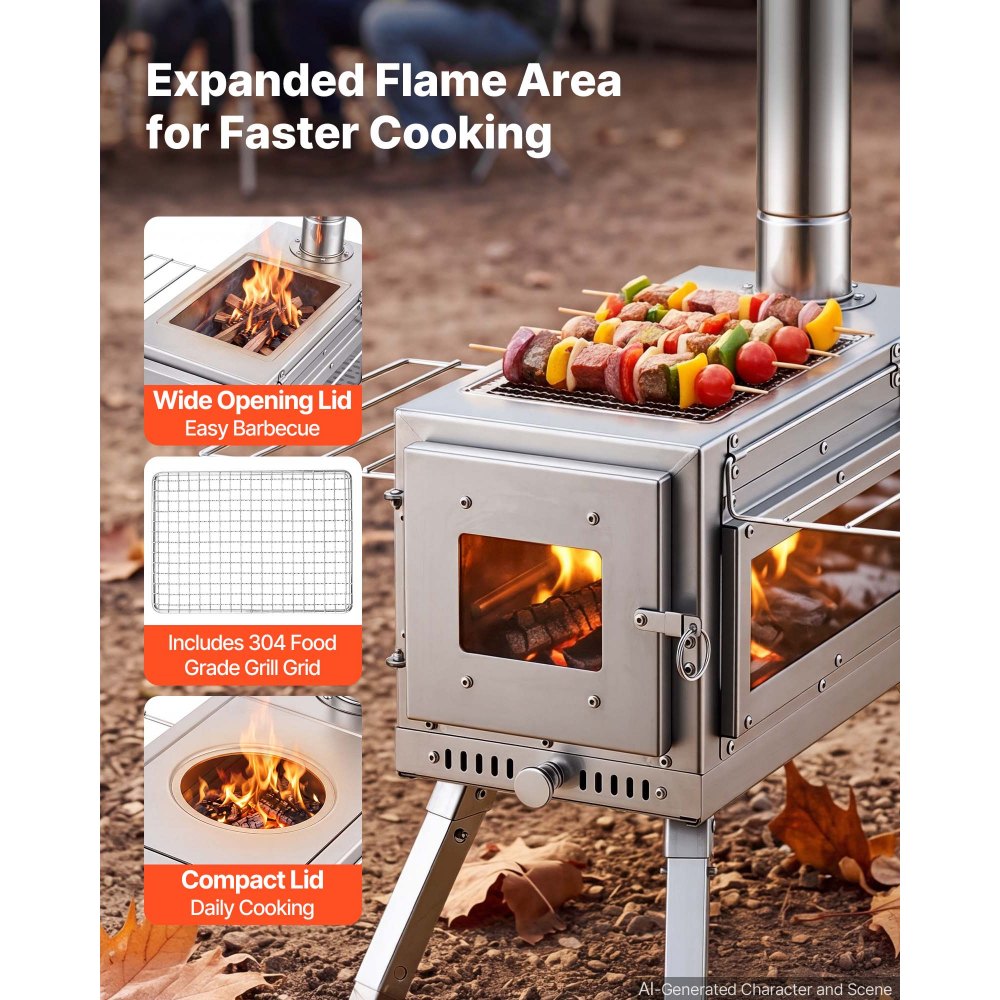 VEVOR Wood Stove Portable Wood Burning Camping Tent Stove Stainless Steel, for Outdoor Heating Cooking Drying, with Extended Chimney Pipes, Ash Drawer, Heat-Resistant Glass Window, Gloves, Carry Bag