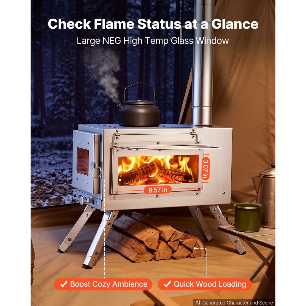 VEVOR Wood Stove Portable Wood Burning Camping Tent Stove Stainless Steel, for Outdoor Heating Cooking Drying, with Extended Chimney Pipes, Ash Drawer, Heat-Resistant Glass Window, Gloves, Carry Bag