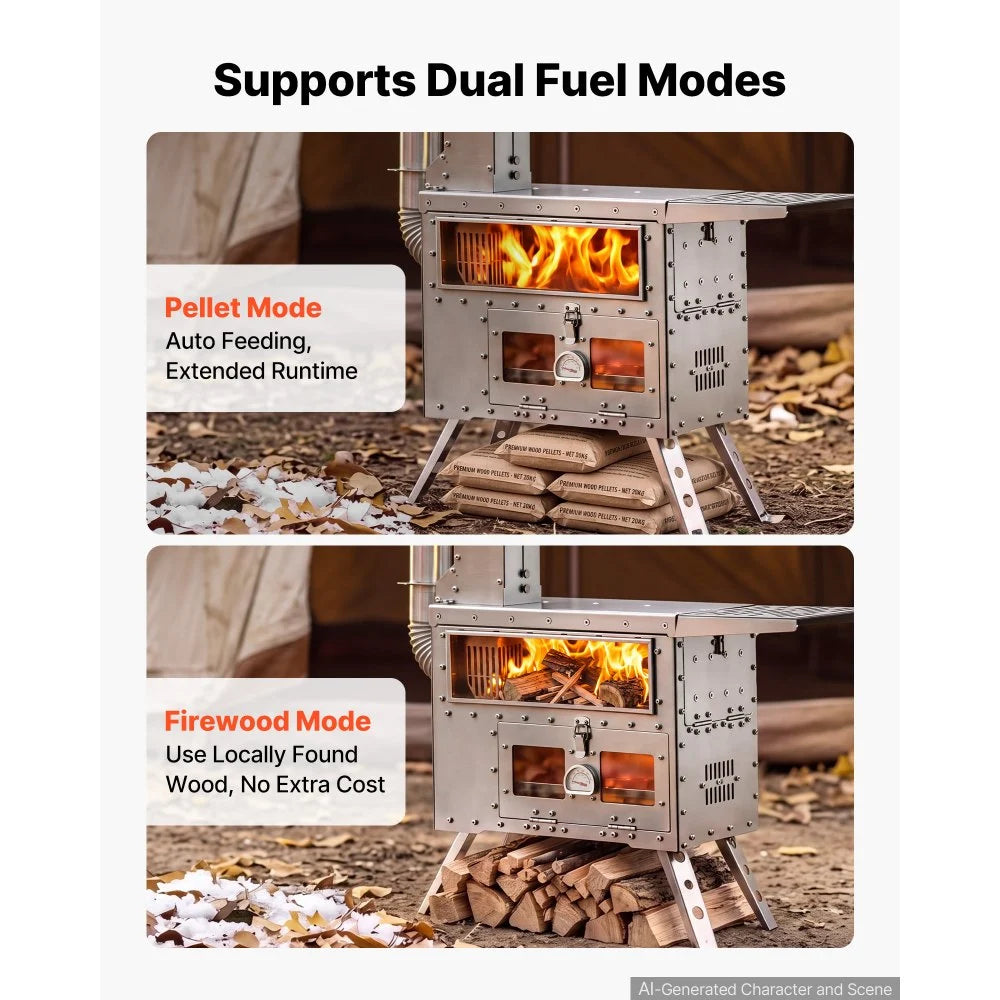 VEVOR Wood Stove Outdoor Pellet Stove with Oven Pellet and Wood Burning, for Outdoor Camping Cooking and Heating, Stainless Steel Body, with Chimney Pipes, Gloves, Carry Bag, and Detachable Shelf