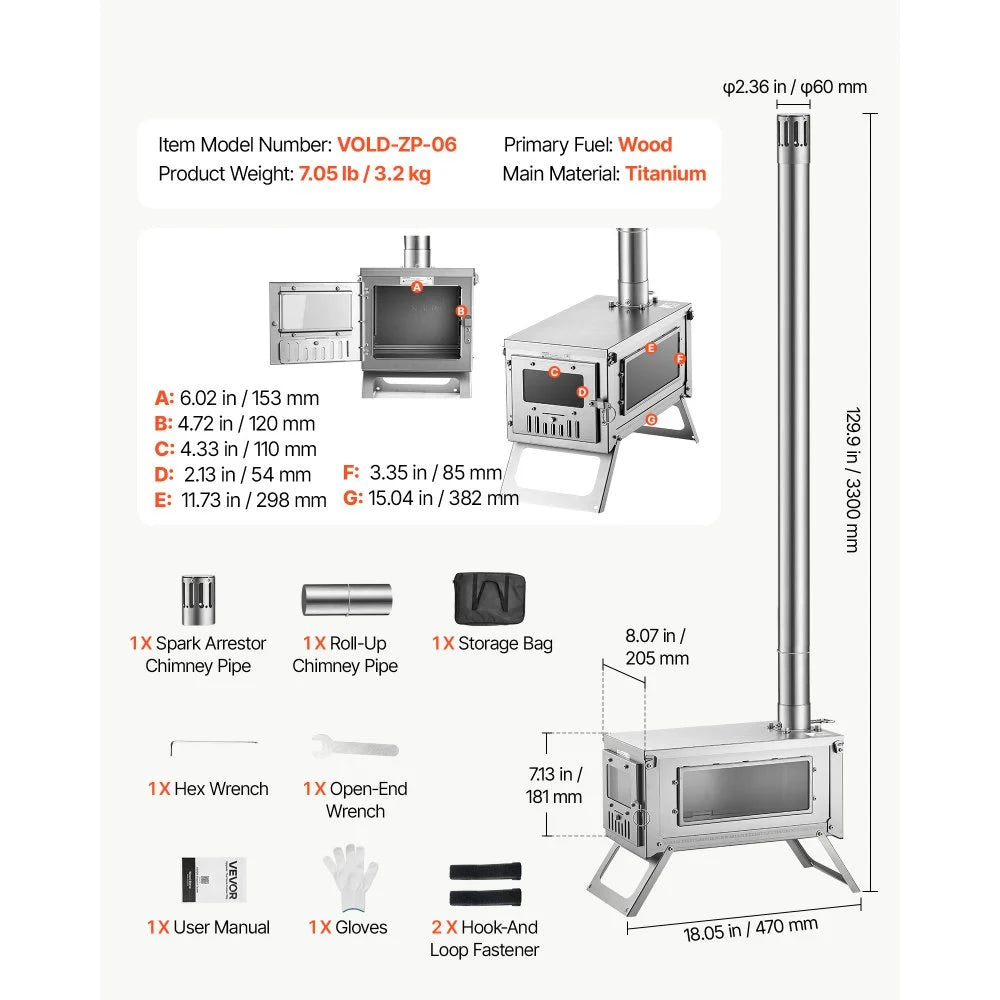 VEVOR Wood Stove Foldable Portable Titanium Wood Burning Camping Tent Stove, for Outdoor Heating and Cooking, 7.05 lbs Lightweight, with Telescopic Retractable Chimney and Heat-Resistant Glass Window