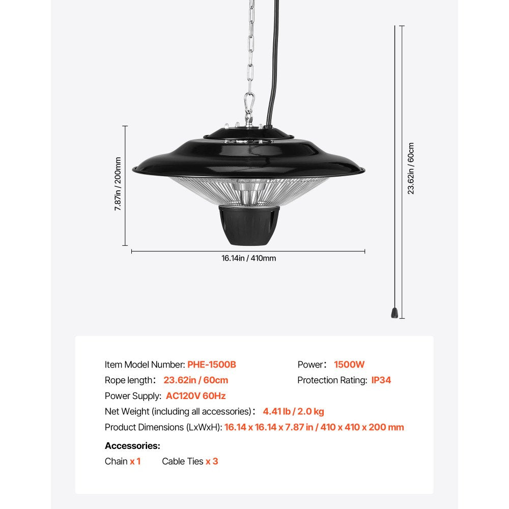 VEVOR Hanging Patio Heater, 1500W Electric Space Infrared Heater, IP34 Protection with 23.6 inch Pull Cord & Adjustable Chain, for Porch,Patio,Dining Room,Studio Outdoor/Indoor
