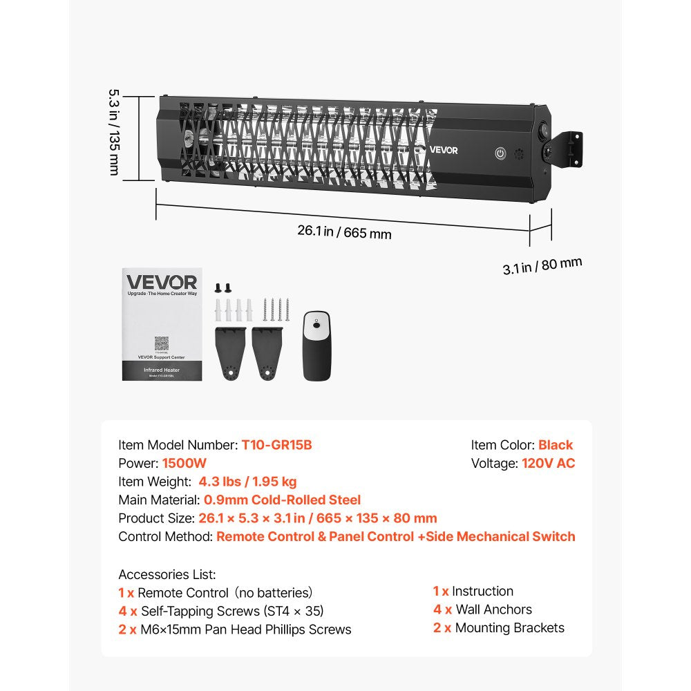 VEVOR Infrared Heater 1500W Electric Space Heater for Outdoor Use Black, Remote, Panel & Side Switch Control, Cold-Rolled Steel, Easy Installation, Even Warmth for Patios, Backyards, Balconies