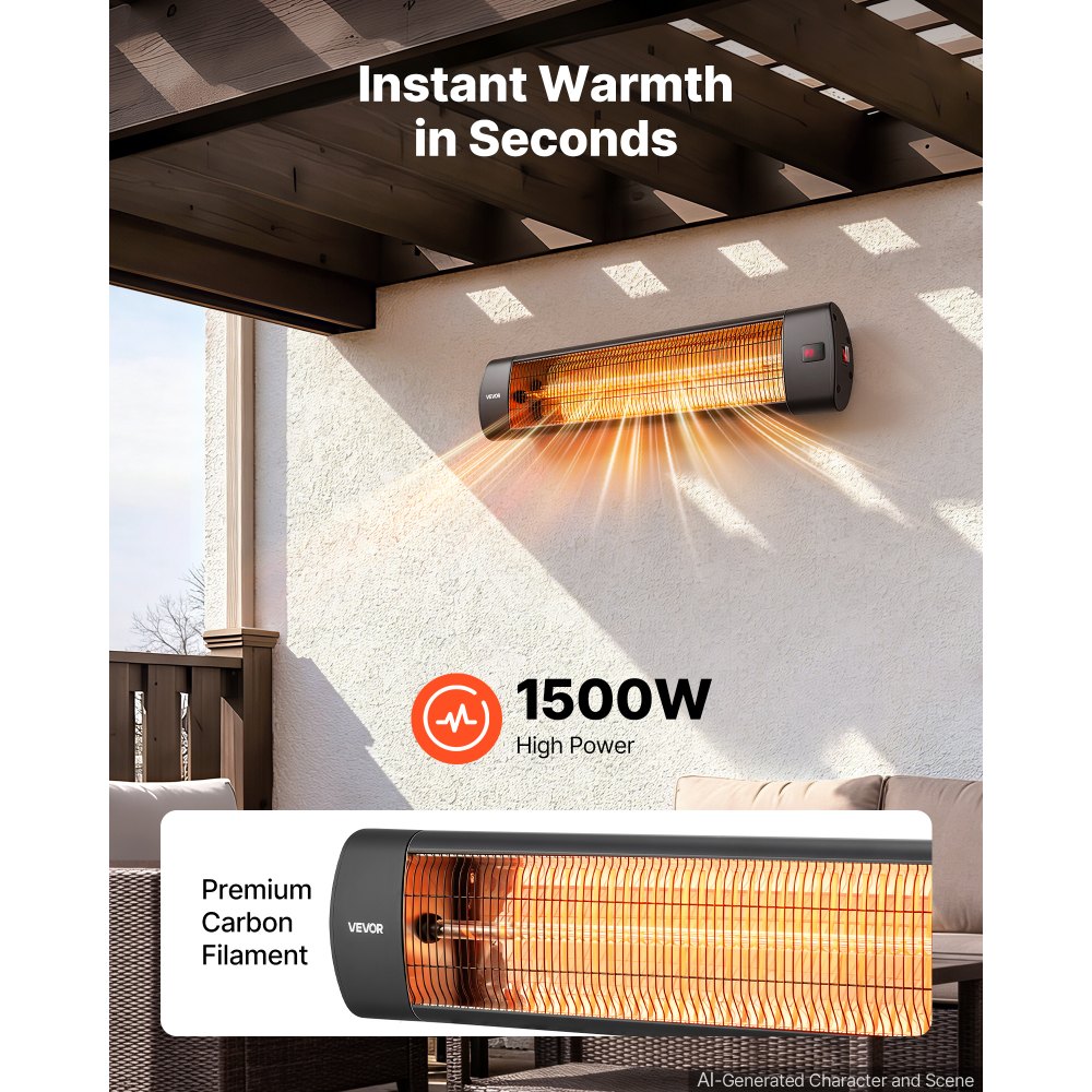 VEVOR Infrared Heater 1500W Electric Space Heater 3 Heat Settings Black, with Remote Control for Outdoor Use, 24 Hours Timer, Premium Aluminum Alloy, Even Warmth for Patios, Backyards, and Balconies