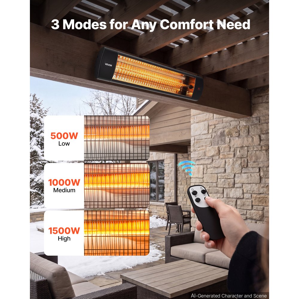 VEVOR Infrared Heater 1500W Electric Space Heater 3 Heat Settings Black, with Remote Control for Outdoor Use, 24 Hours Timer, Premium Aluminum Alloy, Even Warmth for Patios, Backyards, and Balconies