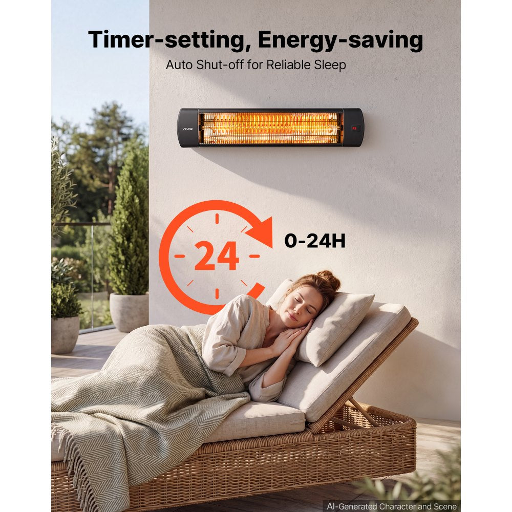 VEVOR Infrared Heater 1500W Electric Space Heater 3 Heat Settings Black, with Remote Control for Outdoor Use, 24 Hours Timer, Premium Aluminum Alloy, Even Warmth for Patios, Backyards, and Balconies