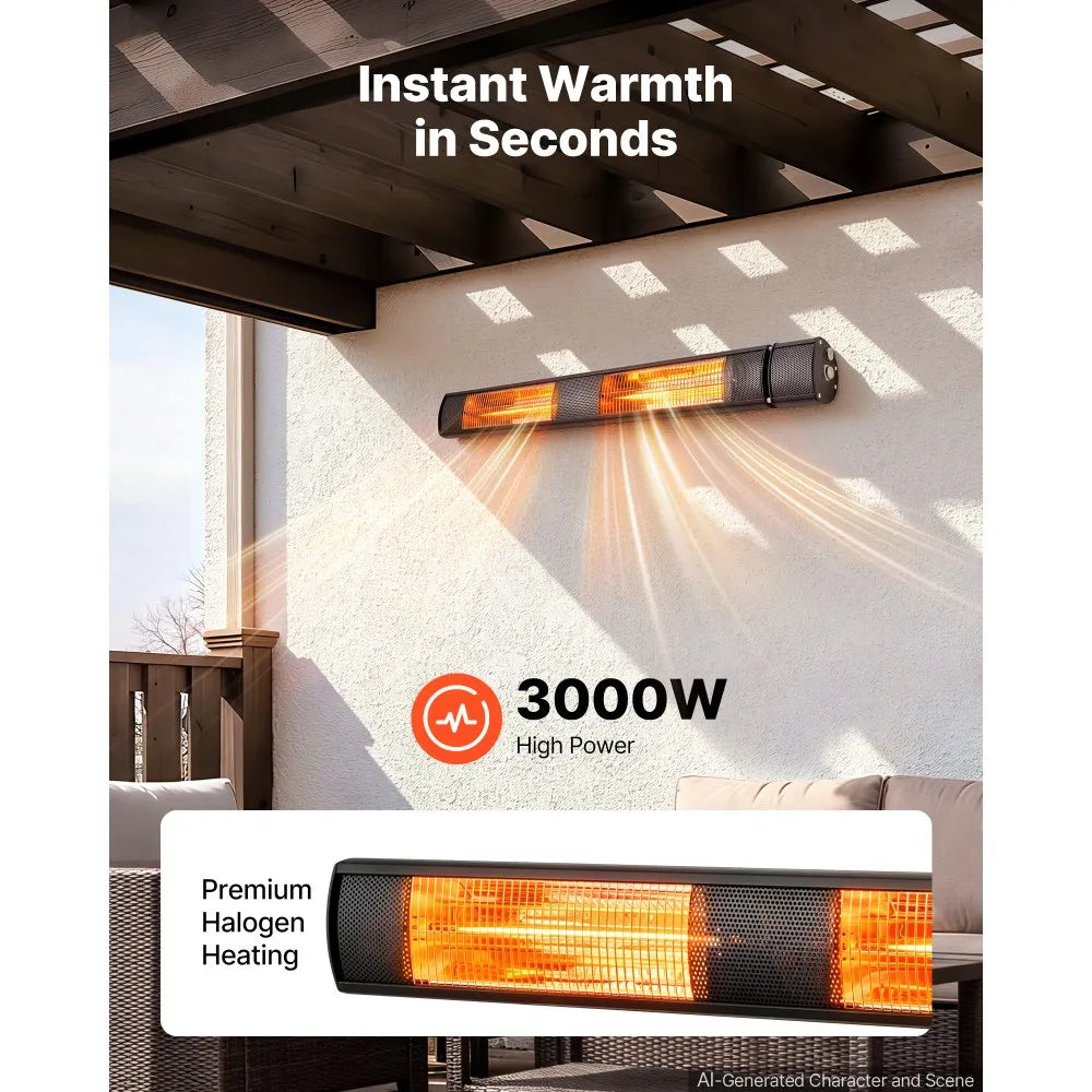 VEVOR Infrared Heater 3000W Electric Space Heater for Outdoor Use Black, Remote & Mechanical Switch Control, 3 Heat Settings, Aluminum Alloy & Cold-Rolled Steel, for Patios, Backyards, Balconies