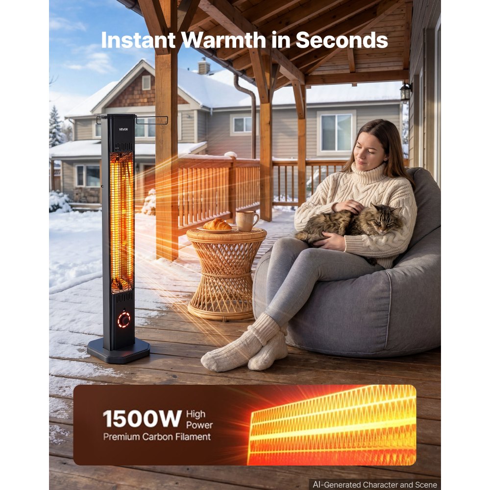 VEVOR Infrared Heater 1500W Electric Space Heater 8 Heat Settings Black, with Remote Control for Outdoor Use, 8H Timer, Overheat Protection, Cold-Rolled Steel, for Patios, Backyards, and Balconies