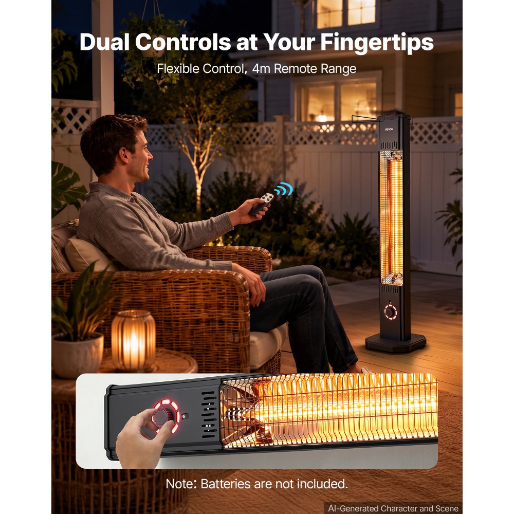 VEVOR Infrared Heater 1500W Electric Space Heater 8 Heat Settings Black, with Remote Control for Outdoor Use, 8H Timer, Overheat Protection, Cold-Rolled Steel, for Patios, Backyards, and Balconies