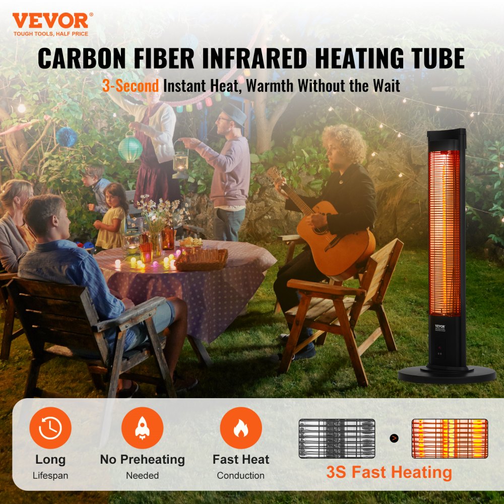 VEVOR Infrared Heater, 1500W Remote Control Electric Space Heater, Patio Heater w/ 3 Speeds & Timer & Tip-Over Protection, Outdoor/Outdoor for Bedroom,Studio,Porch,Dining Room,Studio, Stand,40in L