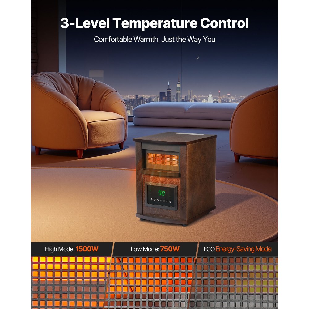 VEVOR Infrared Heater, 1500W Electric Space Heater with Remote Control, LED Screen & 24H Timer, Multiple Temperature Adjustable for Patio Bedroom,Living Room,Studio,Dining Room