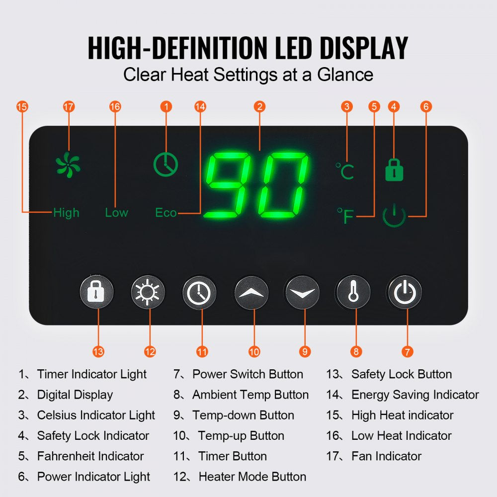 VEVOR Infrared Heater, 1500W Remote Control Electric Space Heater, LED Patio Heater w/ 3 Speeds & Timer & Overheat/Tip-Over Protection & Child Lock, for Bedroom,Living Room,Nursery,Studio,MDF